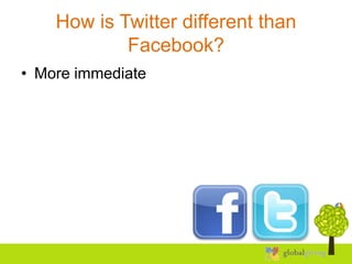 How is Twitter different than
            Facebook?
• More immediate
 