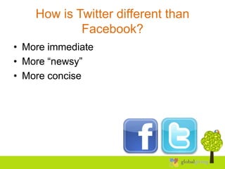 How is Twitter different than
            Facebook?
• More immediate
• More “newsy”
• More concise
 