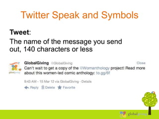 Twitter Speak and Symbols
Tweet:
The name of the message you send
out, 140 characters or less
 