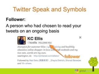 Twitter Speak and Symbols
Follower:
A person who had chosen to read your
tweets on an ongoing basis
 