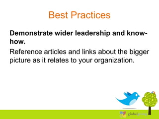 Best Practices
Demonstrate wider leadership and know-
how.
Reference articles and links about the bigger
picture as it relates to your organization.
 