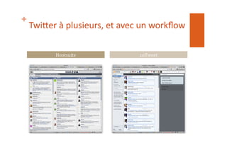 +
Twi$er	
  à	
  plusieurs,	
  et	
  avec	
  un	
  workﬂow	
  
Hootsuite	
   coTweet	
  
 