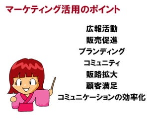 マーケティング活用のポイント
           広報活動
           販売促進
         ブランディング
          コミュニティ
           販路拡大
           顧客満足
      コミュニケーションの効率化
 