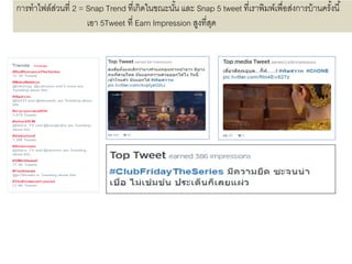 ( หน้าที่ 3 = Snap หน้า 28 day Summary ไว้ด้านบน)การทาไฟล์ส่วนที่ 2 = Snap Trend ที่เกิดในขณะนั้น และ Snap 5 tweet ที่เราพิมพ์เพื่อส่งการบ้านครั้งนี้
เอา 5Tweet ที่ Earn Impression สูงที่สุด
 