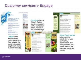 Customer services > Engage JetBlue  offers Twitter-based customer service (and provide the customer support employee’s name currently on duty). Whole Foods Market  asks what their clients like to read and watch, recommends new food podcasts and invites them to the company upcoming events.   ComCast  offers a friendly Twitter customer support; with a real person photo instead of the company logo.   