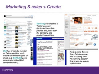 Marketing & sales > Create Dell  has created a number of Twitter profiles, each meant for different types of deals (e.g.  DellOutlet  posts recent refurbished Dell computer offers).   RAC is using Tweets from Patrols on own site to convey new “the driving people” brand and for search optimisation Samsung  has created a Twitter account dedicated to mobile phones and posts both the company and product news there.   