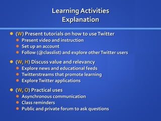 Learning Activities Explanation ( W ) Present tutorials on how to use Twitter  Present video and instruction Set up an account  Follow (@classlist) and explore other Twitter users ( W, H ) Discuss value and relevancy Explore news and educational feeds Twitterstreams that promote learning Explore Twitter applications ( W, O ) Practical uses Asynchronous communication Class reminders Public and private forum to ask questions 
