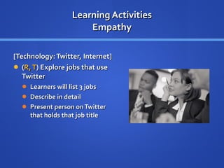 Learning Activities Empathy [Technology: Twitter, Internet]  ( R, T ) Explore jobs that use Twitter  Learners will list 3 jobs Describe in detail  Present person on Twitter that holds that job title   