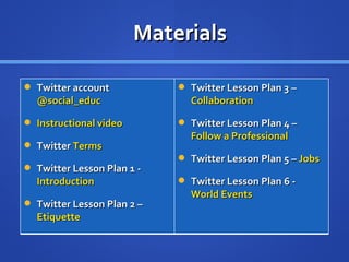 Materials Twitter account  @social_educ Instructional video Twitter  Terms Twitter Lesson Plan 1 -  Introduction Twitter Lesson Plan 2 –  Etiquette Twitter Lesson Plan 3 –  Collaboration Twitter Lesson Plan 4 –  Follow a Professional Twitter Lesson Plan 5 –  Jobs Twitter Lesson Plan 6 -  World Events 