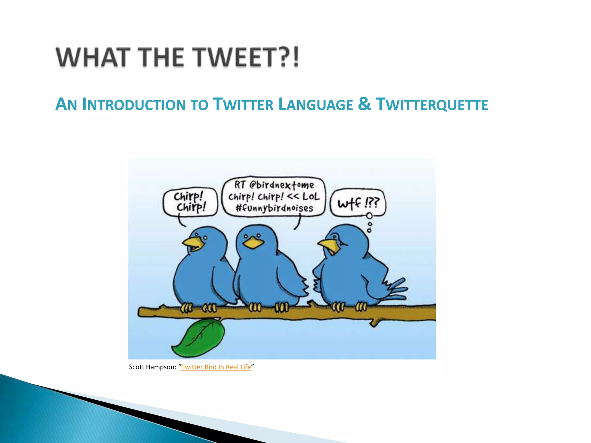 WHAT THE TWEET?!An Introduction to Twitter Language & TwitterquetteScott Hampson: “Twitter Bird In Real Life”