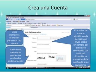 CreaunaCuentaEl nombre de usuarioidentificacadamensajequeenvía. Escoja un nombrepor el que sea reconocido con facilidad. Si cambia su username debenotificarlo a susseguidores.CincoelementosesencialesparacrearunacuentaTodosestoselementospueden ser cambiadosposteriormente.