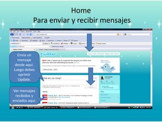 Home Para enviar y recibirmensajesEnvía un mensajedesdeaqui. Luegodebesoprimir Update.Vermensajesrecibidos y enviadosaqui.