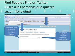 Find People : Find on TwitterBusca a las personas quequieresseguir (following)Busca los queyatienencuenta en TwitterBuscapornombre, apellidos, username
