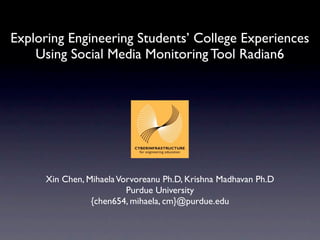 Exploring Engineering Students’ College Experiences
Using Social Media Monitoring Tool Radian6

Xin Chen, Mihaela Vorvoreanu Ph.D, Krishna Madhavan Ph.D
Purdue University
{chen654, mihaela, cm}@purdue.edu

 