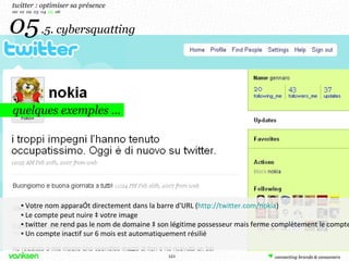 05   .5. cybersquatting quelques exemples … twitter : optimiser sa présence 00  01  02  03  04  05   06 <ul><ul><li>▪  Vot...