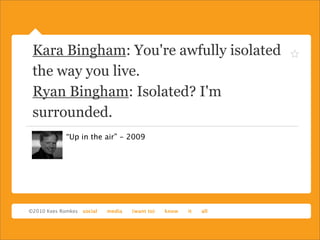 Kara Bingham: You're awfully isolated
the way you live.
Ryan Bingham: Isolated? I'm
surrounded.
     “Up in the air” - 2009
 