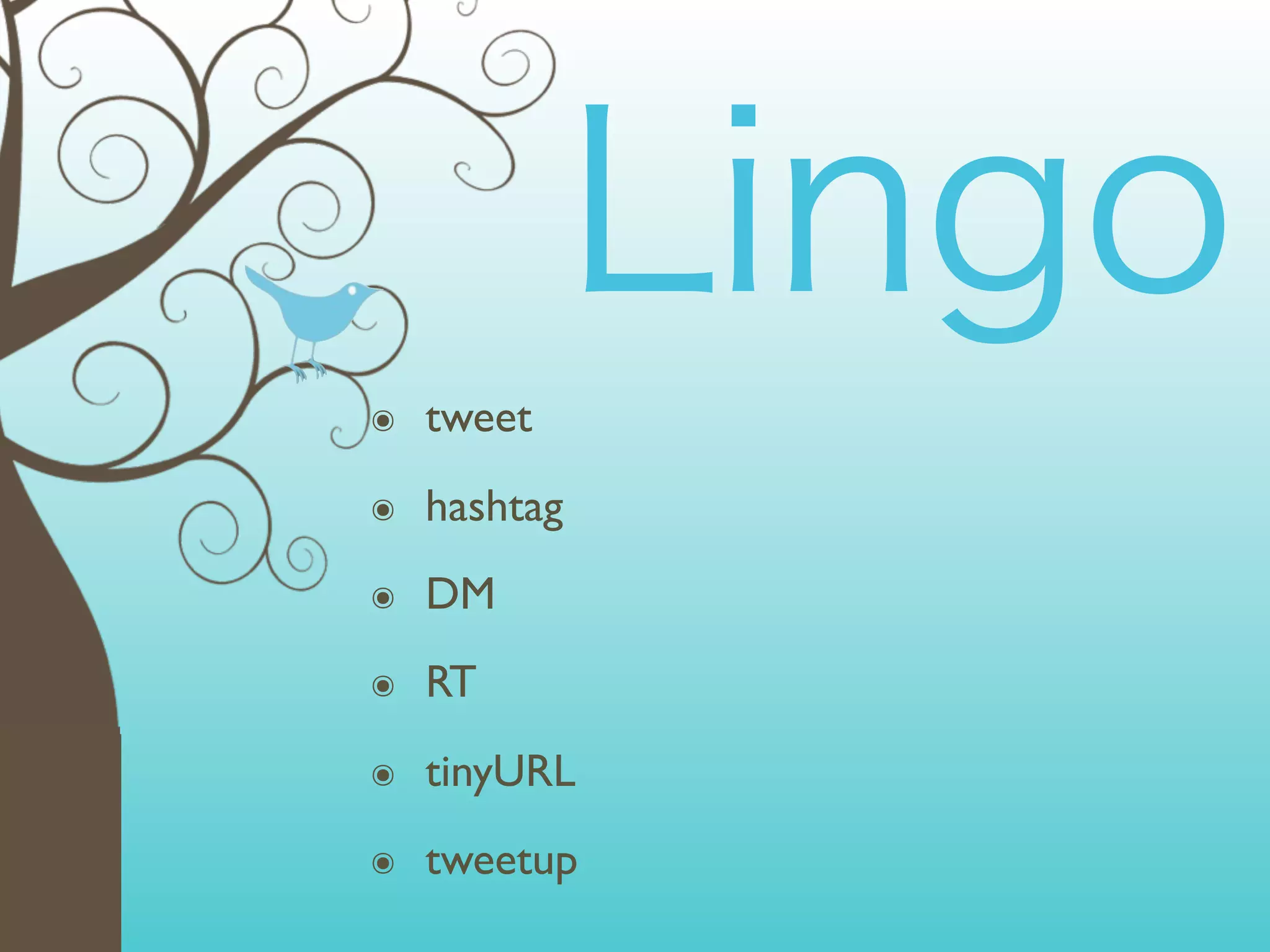 ๏   tweet
๏   hashtag
๏   DM
๏   RT
๏   tinyURL
๏   tweetup
 