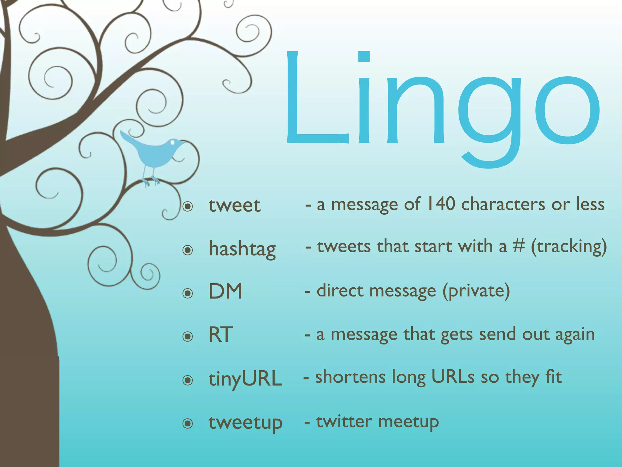 ๏   tweet     - a message of 140 characters or less

๏   hashtag   - tweets that start with a # (tracking)

๏   DM        - direct message (private)

๏   RT        - a message that gets send out again

๏   tinyURL - shortens long URLs so they ﬁt
๏   tweetup - twitter meetup
 