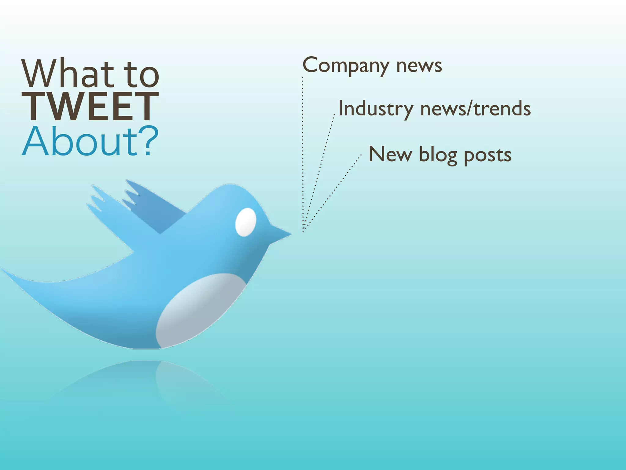 What	
  to   Company news

TWEET           Industry news/trends

                   New blog posts
 