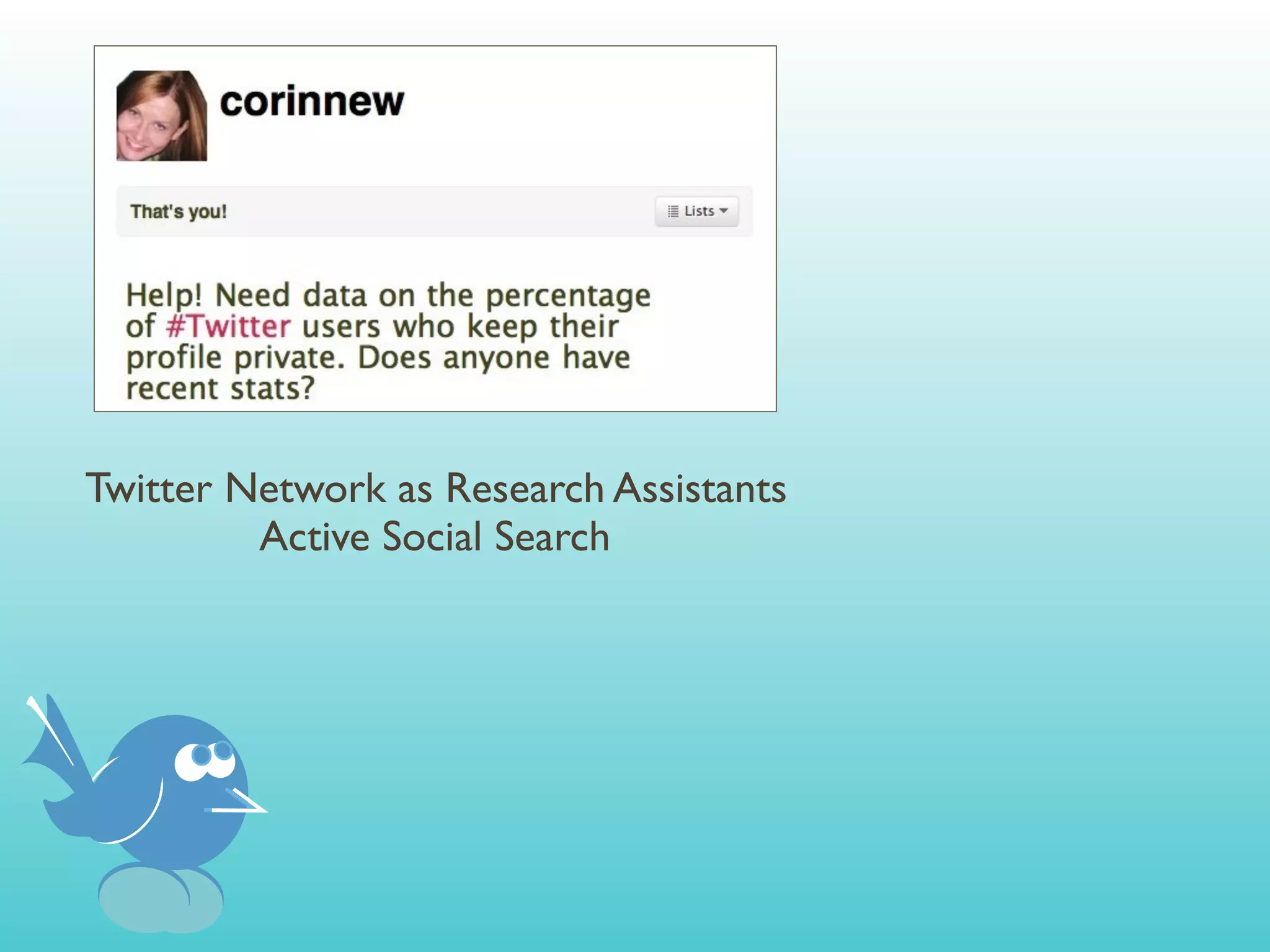Twitter Network as Research Assistants
         Active Social Search
 