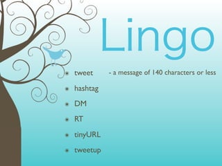 ๏   tweet     - a message of 140 characters or less

๏   hashtag
๏   DM
๏   RT
๏   tinyURL
๏   tweetup
 