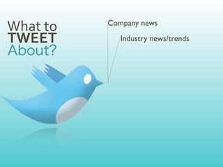 What	
  to   Company news

TWEET           Industry news/trends
 