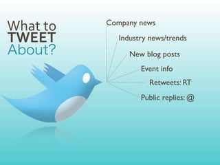 What	
  to   Company news

TWEET           Industry news/trends

                   New blog posts
                      Event info
                        Retweets: RT
                      Public replies: @
 