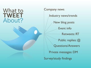 What	
  to   Company news

TWEET           Industry news/trends

                   New blog posts
                       Event info
                         Retweets: RT
                       Public replies: @
                   Questions/Answers
                Private messages: DM
             Survey/study ﬁndings
 