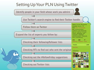Setting	
  Up	
  Your	
  PLN	
  Using	
  Twitter
Identify people in your eld whose work you admire


       Use Twitter’s search engine to nd their Twitter handle

       Follow them on Twitter


Expand the list of experts you follow by:


       Checking their following/follower lists                  +
       Checking RTs to nd out who sent the original tweet       +
       Checking out the #followfriday suggestions               +
       Checking out Twitter lists                               +
 