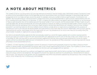 A NOTE ABOUT METRICS
3
The numbers of active users presented in our earnings materials are based on internal company data. While these numbers are based on what
we believe to be reasonable estimates for the applicable period of measurement,there are inherent challenges in measuring usage and user
engagement across our large user base around the world. For example, there are a number of false or spam accounts in existence on our
platform. We have performed an internal review of a sample of accounts and estimated that false or spam accounts represented less than 5%
of our monthly active users (MAUs) as of December 31, 2015 . In making this determination, we applied significant judgment, so our estimation
of false or spam accounts may not accurately represent the actual number of such accounts, and the actual number of false or spam accounts
could be higher than we have estimated.We are continually seeking to improve our ability to estimate the total number of spam accounts and
eliminate them from the calculation of our active users.Spam accounts that we have identified are not included in the active user numbers
presented in our earnings materials.We treat multiple accounts held by a single person or organization as multiple users for purposes of
calculating our active users because we permit people and organizations to have more than one account. Additionally, some accounts used by
organizations are used by many people within the organization. As such, the calculations of our active users may not accurately reflect the
actual number of people or organizations using our platform.
Our metrics are also affected by applications that automatically contact our servers for regular updates with no action involved,and this
activity can cause our system to count the users associated with such applications as active users on the day or days such contact occurs. As
of December 31, 2015, less than 8.5% of users used third party applications that may have automatically contacted our servers for regular
updates without any discernible additional user-initiated action.As such, the calculations of MAUs presented in our earnings materials may be
affected as a result of automated activity.
In addition, our data regarding user geographic location for purposes of reporting the geographic location of our MAUs is based on the IP
address or phone number associated with the account when a user initially registered the account on Twitter. The IP address or phone number
may not always accurately reflect a user’s actual location at the time such user engaged with our platform.
We present and discuss the size of our audience and logged-out usage based on both internal metrics and data from Google Analytics,which
measures unique visitors to our properties. We regularly review and may adjust our processes for calculating our internal metrics to improve
their accuracy. Our measures of user growth and user engagement may differ from estimates published by third parties or from similarly-titled
metrics of our competitors due to differences in methodology.
 