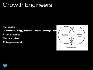 Growth Engineers
Full-stack
• Mobile, Pig, Scala, Java, Ruby, Javascript, HTML
Product sense
Metrics driven
Entrepreneurial
 