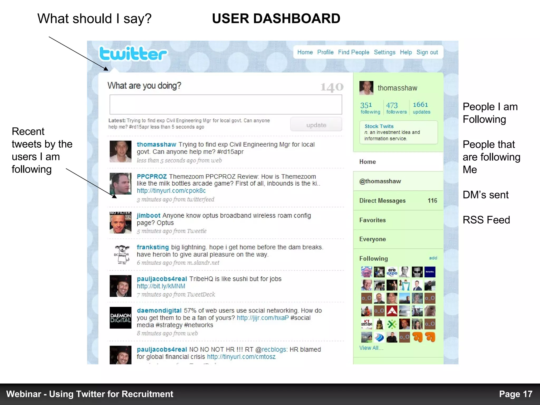 Recent tweets by the users I am following What should I say? USER DASHBOARD People I am  Following People that are following  Me DM’s sent RSS Feed Page  Webinar - Using Twitter for Recruitment 