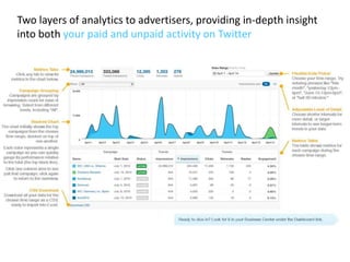 Two layers of analytics to advertisers, providing in-depth insight
into both your paid and unpaid activity on Twitter
 