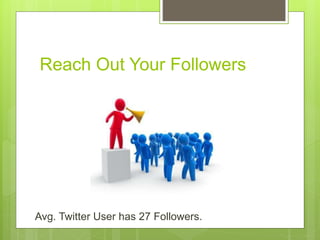 Reach Out Your Followers
Avg. Twitter User has 27 Followers.
 