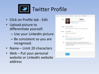 Next slides will provide a brief explanation of each tab.Twitter Mobile –  Put your cell phone number in the space.  Then download the Twitter application on your phone.Notifications – Choose when and how often you would like Twitter to send you emails.  Not necessary.Examples: When someone is following you, messages, replies, mentions etc. Design – Customize the way your Twitter looks. There are many different themes and colors, but don’t worry too much because we use so many applications that we do not see your site design.Applications -  You can see and revoke access to sites you have allowed access.