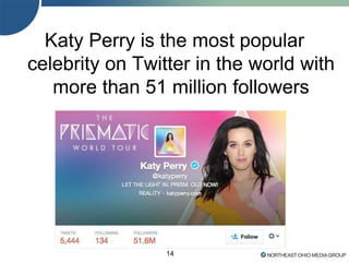 14
Katy Perry is the most popular
celebrity on Twitter in the world with
more than 51 million followers
 