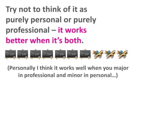 Try not to think of it as
purely personal or purely
professional – it works
better when it’s both.
(Personally I think it ...
