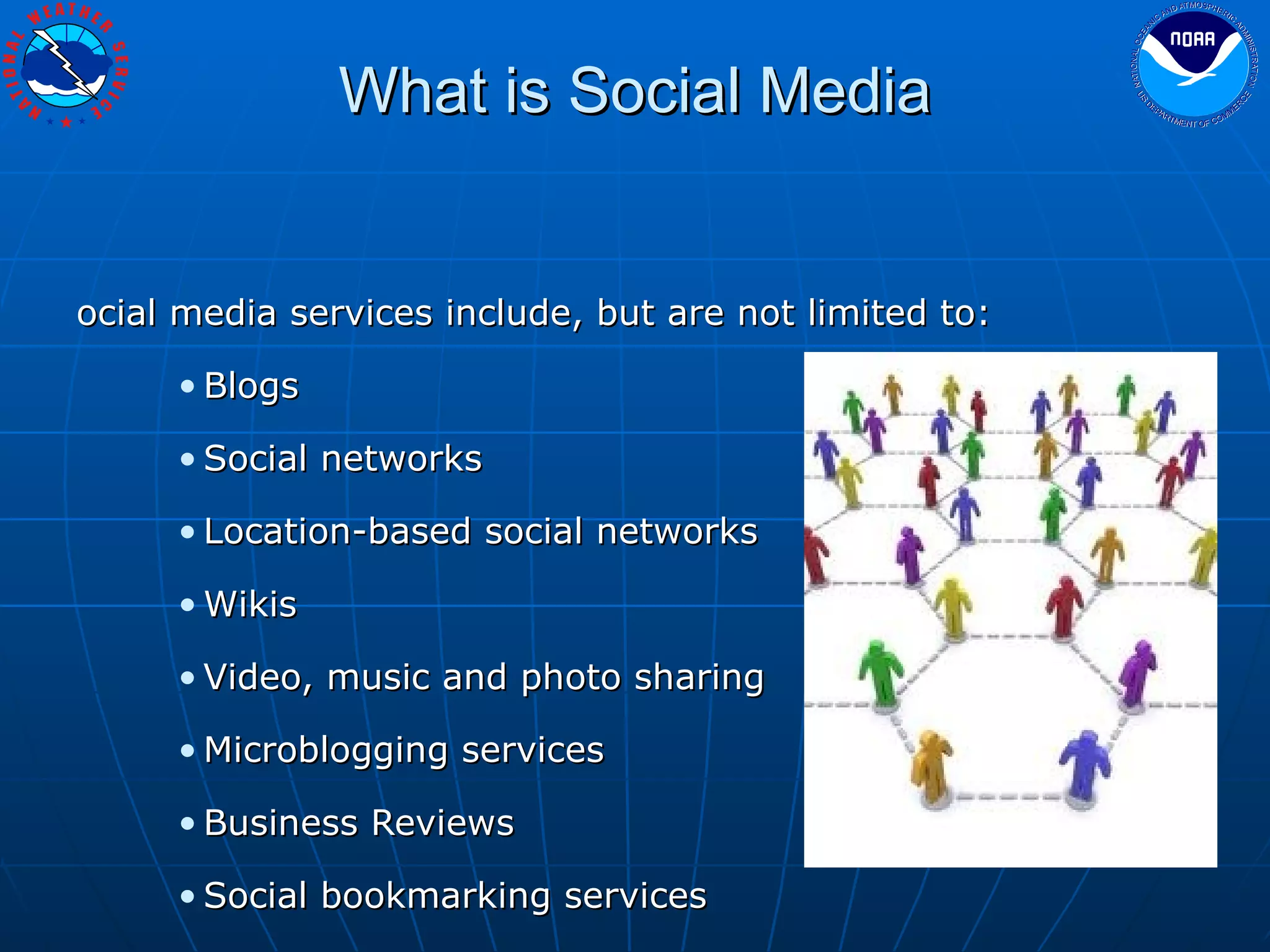 What is Social Media Social media services include, but are not limited to: Blogs Social networks Location-based social networks Wikis Video, music and photo sharing Microblogging services Business Reviews Social bookmarking services 