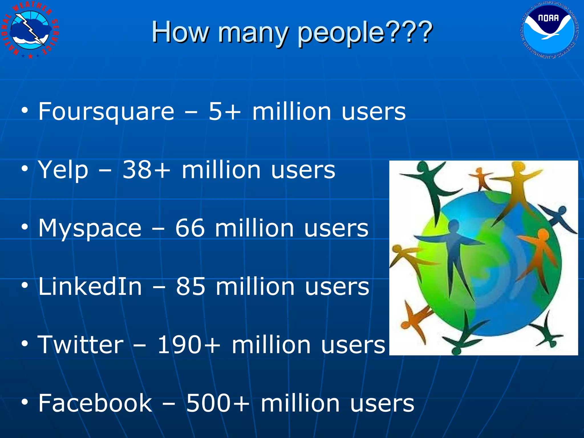 How many people??? Foursquare – 5+ million users Yelp – 38+ million users Myspace – 66 million users LinkedIn – 85 million users Twitter – 190+ million users Facebook – 500+ million users 