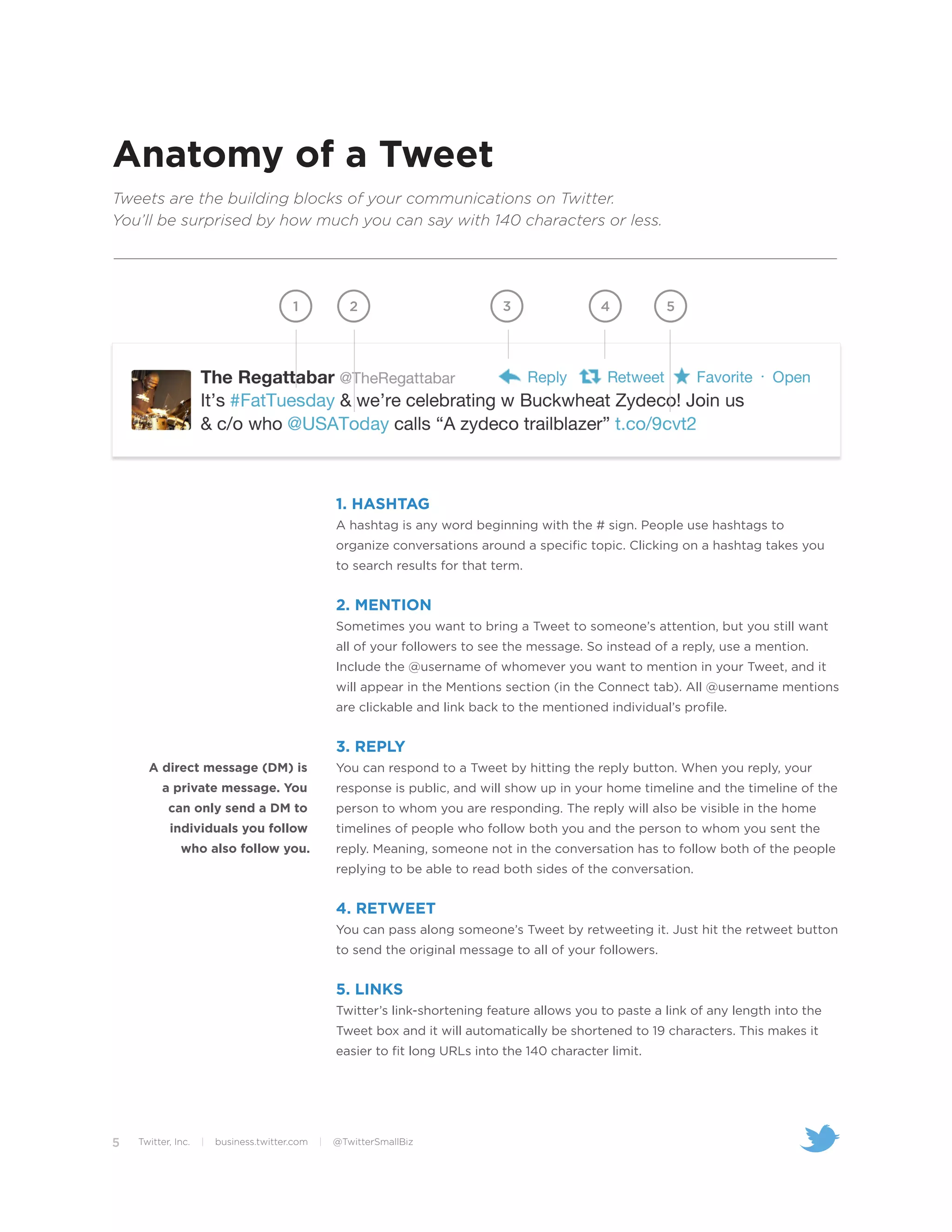 Anatomy of a Tweet
Tweets are the building blocks of your communications on Twitter.
You’ll be surprised by how much you can say with 140 characters or less.




                                        1             2                        3                4           5




                                                   1. HASHTAG
                                                   A hashtag is any word beginning with the # sign. People use hashtags to
                                                   organize conversations around a specific topic. Clicking on a hashtag takes you
                                                   to search results for that term.


                                                   2. MENTION
                                                   Sometimes you want to bring a Tweet to someone’s attention, but you still want
                                                   all of your followers to see the message. So instead of a reply, use a mention.
                                                   Include the @username of whomever you want to mention in your Tweet, and it
                                                   will appear in the Mentions section (in the Connect tab). All @username mentions
                                                   are clickable and link back to the mentioned individual’s profile.


                                                   3. REPLY
      A direct message (DM) is                     You can respond to a Tweet by hitting the reply button. When you reply, your
         a private message. You                    response is public, and will show up in your home timeline and the timeline of the
           can only send a DM to                   person to whom you are responding. The reply will also be visible in the home
           individuals you follow                  timelines of people who follow both you and the person to whom you sent the
              who also follow you.                 reply. Meaning, someone not in the conversation has to follow both of the people
                                                   replying to be able to read both sides of the conversation.


                                                   4. RETWEET
                                                   You can pass along someone’s Tweet by retweeting it. Just hit the retweet button
                                                   to send the original message to all of your followers.


                                                   5. LINKS
                                                   Twitter’s link-shortening feature allows you to paste a link of any length into the
                                                   Tweet box and it will automatically be shortened to 19 characters. This makes it
                                                   easier to fit long URLs into the 140 character limit.




5   Twitter, Inc.   |   business.twitter.com   |   @TwitterSmallBiz
 