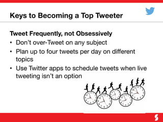 Keys to Becoming a Top Tweeter
Tweet Frequently, not Obsessively
•  Don’t over-Tweet on any subject
•  Plan up to four tweets per day on different
topics
•  Use Twitter apps to schedule tweets when live
tweeting isn’t an option
 
