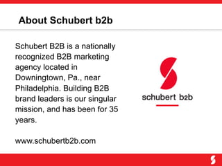About Schubert b2b
Schubert B2B is a nationally
recognized B2B marketing
agency located in
Downingtown, Pa., near
Philadelphia. Building B2B
brand leaders is our singular
mission, and has been for 35
years.
www.schubertb2b.com
 