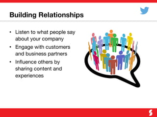 Building Relationships
•  Listen to what people say
about your company
•  Engage with customers
and business partners
•  Inﬂuence others by
sharing content and
experiences
 