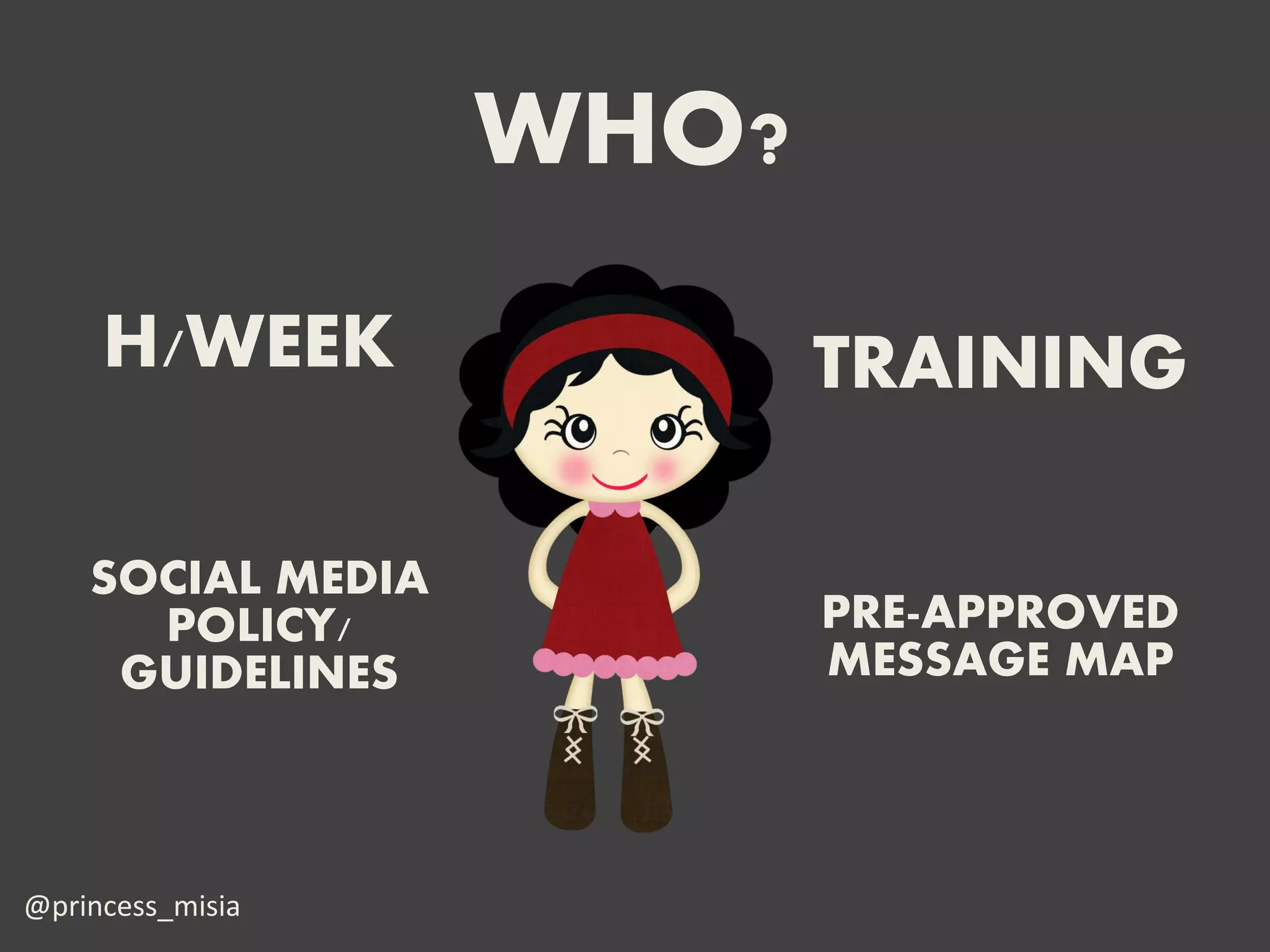 WHO?
     H/WEEK               TRAINING

    SOCIAL MEDIA
      POLICY/             PRE-APPROVED
     GUIDELINES           MESSAGE MAP



@princess_misia
 