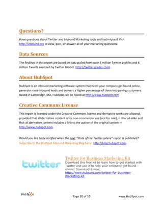 Questions?
Have questions about Twitter and Inbound Marketing tools and techniques? Visit
http://inbound.org to view, post, or answer all of your marketing questions.


Data Sources
The findings in this report are based on data pulled from over 5 million Twitter profiles and 6
million Tweets analyzed by Twitter Grader (http://twitter.grader.com).


About HubSpot
HubSpot is an inbound marketing software system that helps your company get found online,
generate more inbound leads and convert a higher percentage of them into paying customers.
Based in Cambridge, MA, HubSpot can be found at http://www.hubspot.com


Creative Commons License
This report is licensed under the Creative Commons license and derivative works are allowed,
provided that all derivative content is for non-commercial use (not for sale), is shared-alike and
that all derivative content includes a link to the author of the original content –
http://www.hubspot.com.


Would you like to be notified when the next “State of the Twittersphere” report is published?
Subscribe to the HubSpot Inbound Marketing Blog here: http://blog.hubspot.com.



                                    Twitter for Business Marketing Kit
                                    Download this free kit to learn how to get started with
                                    Twitter and use it to help your company get found
                                    online! Download it now:
                                    http://www.hubspot.com/twitter-for-business-
                                    marketing-kit.




                                          Page 10 of 10                       www.HubSpot.com
 