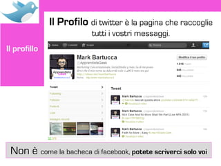 Il Profilo di twitter è la pagina che raccoglie
                          tutti i vostri messaggi.
Il profillo




 Non è come la bacheca di facebook, potete scriverci solo voi
 