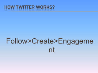 HOW TWITTER WORKS?




Follow>Create>Engageme
           nt
 