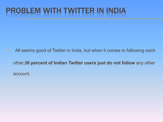 PROBLEM WITH TWITTER IN INDIA



 All seems good of Twitter in India, but when it comes to following each

   other,36 percent of Indian Twitter users just do not follow any other

   account.
 