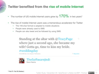 Twitter benefited from the rise of mobile Internet

• The number of US mobile Internet users grew by                 170% in two years*
• The rise of mobile Internet users was a tremendous accelerator for Twitter
       •    The 140-char format is adapted to mobile situations
       •    People were already used to SMS
       •    People can also tweet and be followed by using SMS.




                                                                                                            ..…….
* Feb 07- Feb 09 (Nielsen)
                                  Twitter Study • December 09 • faberNovel / L’Atelier de BNP - Paribas •   31
 