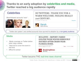 Thanks to an early adoption by celebrities and media,
Twitter reached a big audience rapidly

    Celebrities
Most-followed accounts “ever” :




     “Twitter star system” and verified accounts have spurred its adoption by a non-geeky audience


Media

•     Media coverage on Twitter before
     other major medias
•     Ideal tool to cover live event in
     real time
•    difficult to censor



                       Twitter became THE real time news channel                                            ..…….

                                  Twitter Study • December 09 • faberNovel / L’Atelier de BNP - Paribas •   32
 